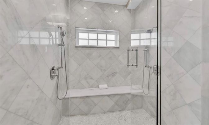 Bathroom, Glass Shower, Interior, Marble Walls, Recessed Lighting
