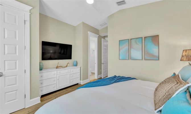 Bedroom, Interior, Recessed Lighting, Wood Texture Flooring