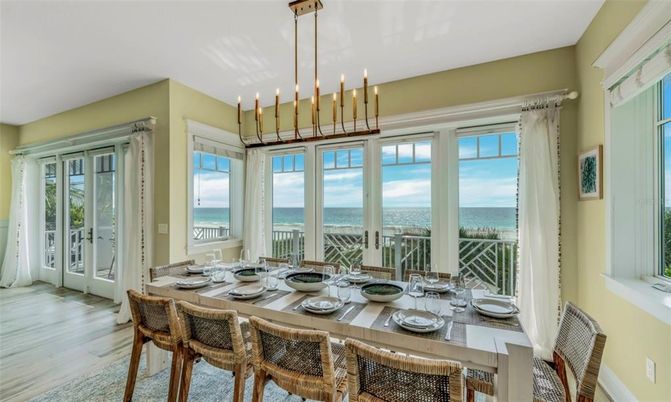 Dining room, Interior, Pendant Lights, Water, Wood Texture Flooring