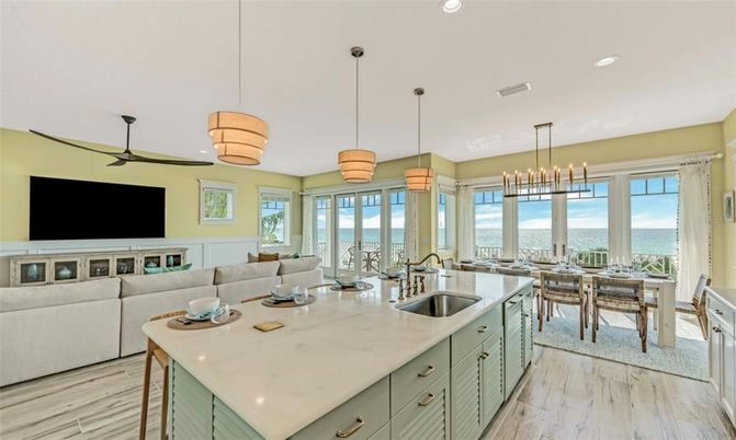 Dining room, Interior, Kitchen, Living room, Pendant Lights, Recessed Lighting, Water, Wood Texture Flooring