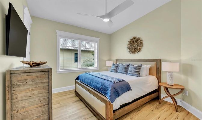 Bedroom, Interior, Recessed Lighting, Wood Texture Flooring