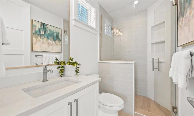 Bathroom, Glass Shower, Interior, Wood Texture Flooring