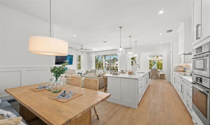 Interior, Kitchen, Living room, Pendant Lights, Recessed Lighting, Stainless Steel Appliances, Wood Texture Flooring