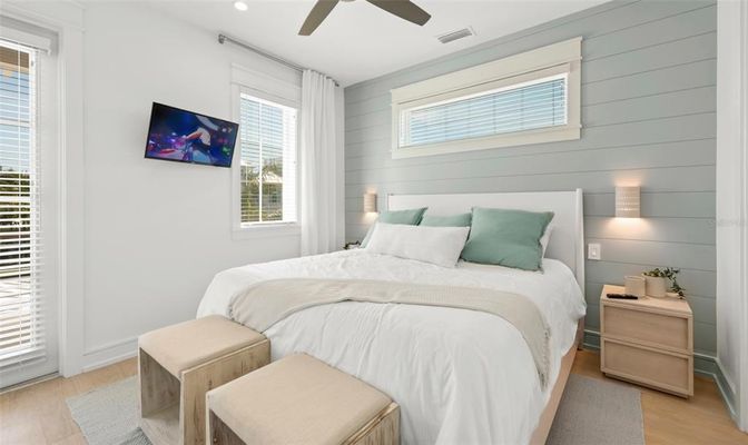 Bedroom, Interior, Recessed Lighting, Wood Texture Flooring
