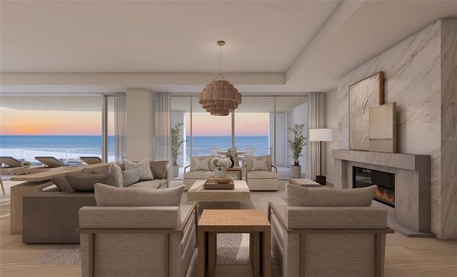 Fireplace, Interior, Living room, Marble Walls, Pendant Lights, Water, Wood Texture Flooring