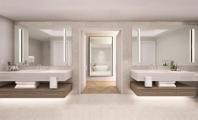 Bathroom, Dual Sink Vanities, Interior, Marble, Wood Texture Flooring