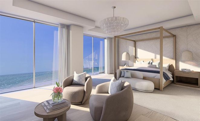 Bedroom, Chandelier, Interior, Water, Wood Texture Flooring