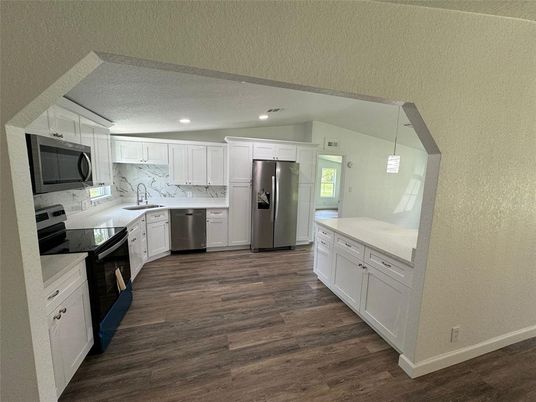 Interior, Kitchen, Pendant Lights, Recessed Lighting, Stainless Steel Appliances, Wood Texture Flooring