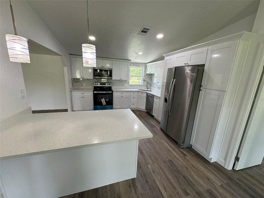 Interior, Kitchen, Recessed Lighting, Stainless Steel Appliances, Wood Texture Flooring