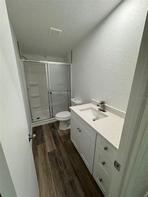 Bathroom, Glass Shower, Interior, Wood Texture Flooring