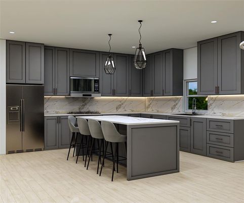 Interior, Kitchen, Marble Walls, Pendant Lights, Recessed Lighting, Wood Texture Flooring