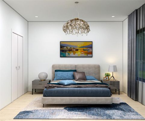 Bedroom, Interior, Pendant Lights, Recessed Lighting, Wood Texture Flooring