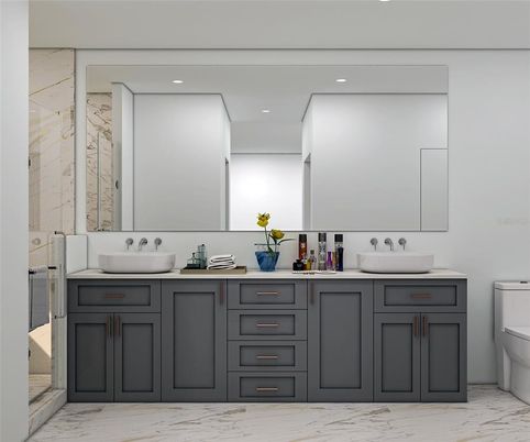 Bathroom, Dual Sink Vanities, Interior, Marble, Recessed Lighting