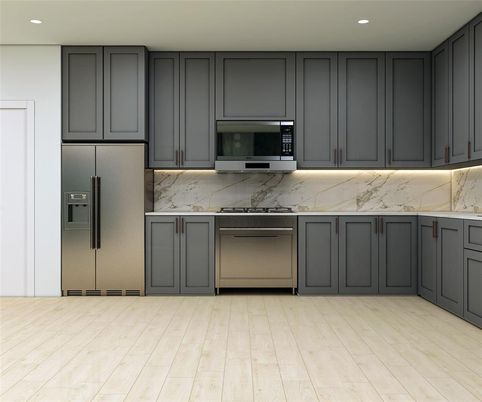 Interior, Kitchen, Marble Walls, Recessed Lighting, Wood Texture Flooring