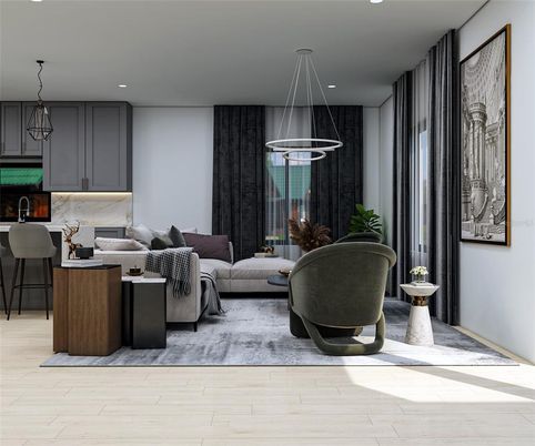 Interior, Kitchen, Living room, Pendant Lights, Recessed Lighting, Wood Texture Flooring