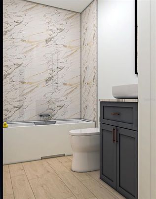Bathroom, Interior, Marble Walls, Wood Texture Flooring