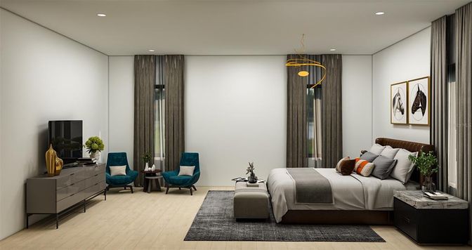 Bedroom, Interior, Recessed Lighting, Wood Texture Flooring