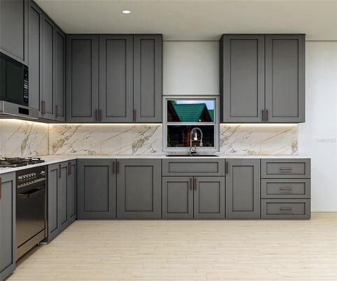 Interior, Kitchen, Marble Walls, Recessed Lighting, Wood Texture Flooring