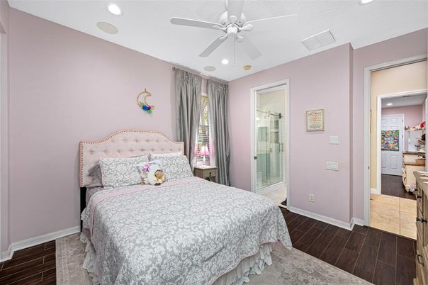 Bedroom, Interior, Recessed Lighting, Wood Texture Flooring