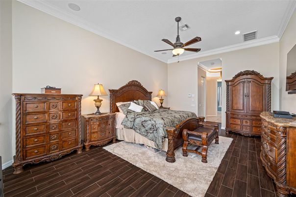 Bedroom, Interior, Recessed Lighting, Wood Texture Flooring