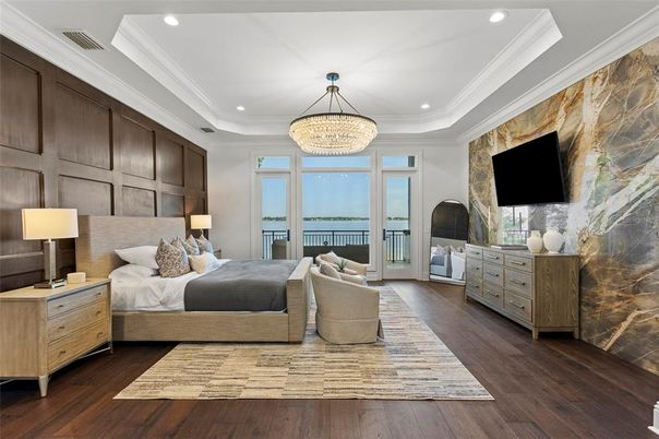 Bedroom, Chandelier, Interior, Recessed Lighting, Wood Texture Flooring