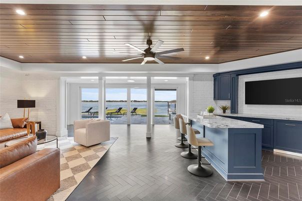 Interior, Living room, Recessed Lighting, Water, Wooden Ceilings, Wood Texture Flooring