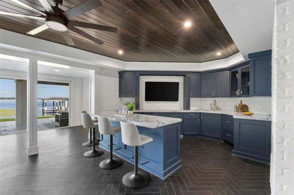 Dining room, Interior, Kitchen, Recessed Lighting, Water, Wooden Ceilings, Wood Texture Flooring