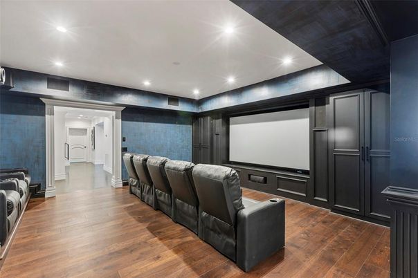 Home Theatre Room, Interior, Projection Screen, Recessed Lighting, Theatre Room, Wood Texture Flooring