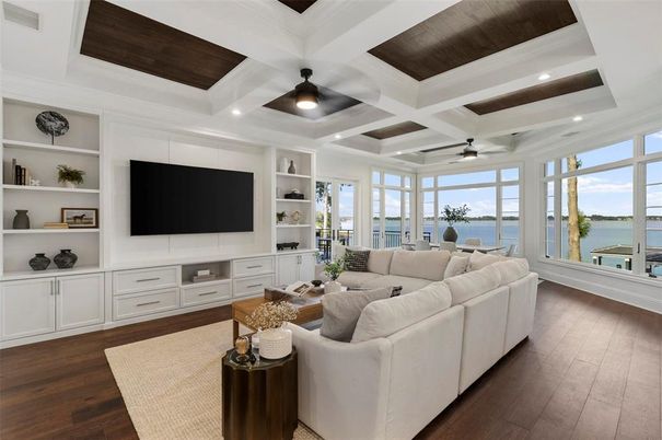 Interior, Living room, Recessed Lighting, Water, Wooden Ceilings, Wood Texture Flooring