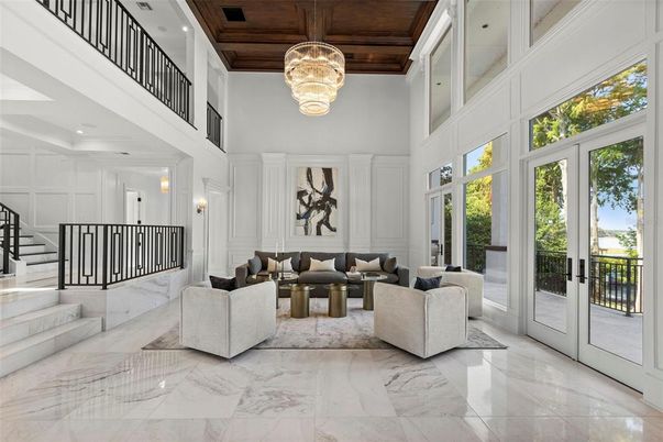 Chandelier, Interior, Living room, Marble, Recessed Lighting, Wooden Ceilings