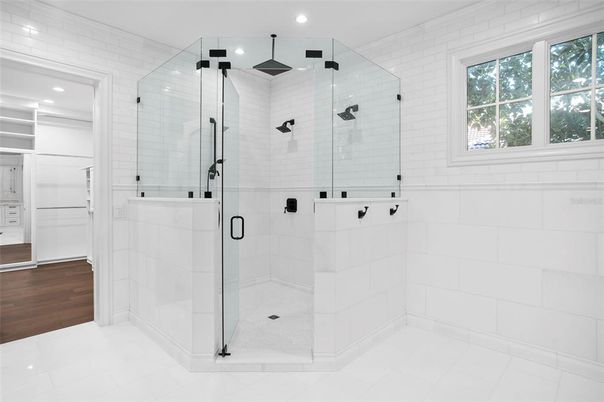 Bathroom, Glass Shower, Interior, Recessed Lighting, Wood Texture Flooring