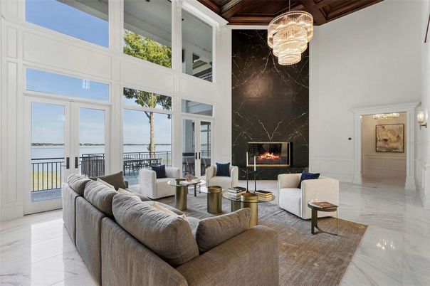 Chandelier, Fireplace, Interior, Living room, Marble, Water