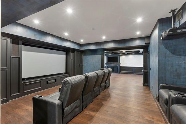 Home Theatre Room, Interior, Projection Screen, Recessed Lighting, Theatre Room, Wood Texture Flooring