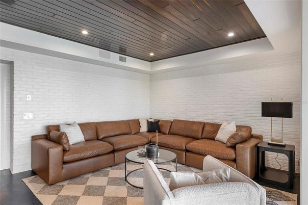 Interior, Living room, Recessed Lighting, Stone Walls, Wooden Ceilings