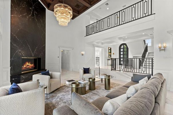 Chandelier, Fireplace, Interior, Living room, Recessed Lighting