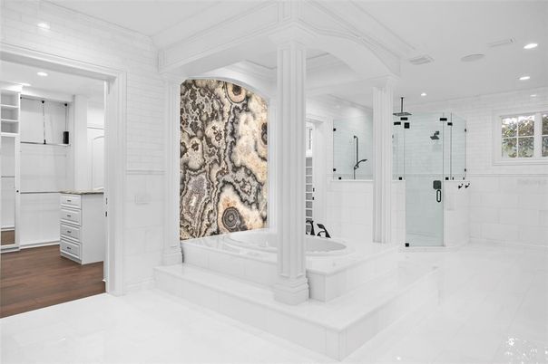 Bathroom, Glass Shower, Interior, Recessed Lighting, Wood Texture Flooring
