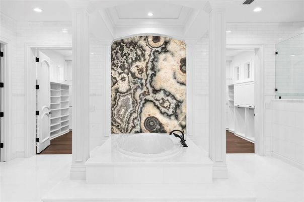 Bathroom, Glass Shower, Interior, Recessed Lighting, Wood Texture Flooring
