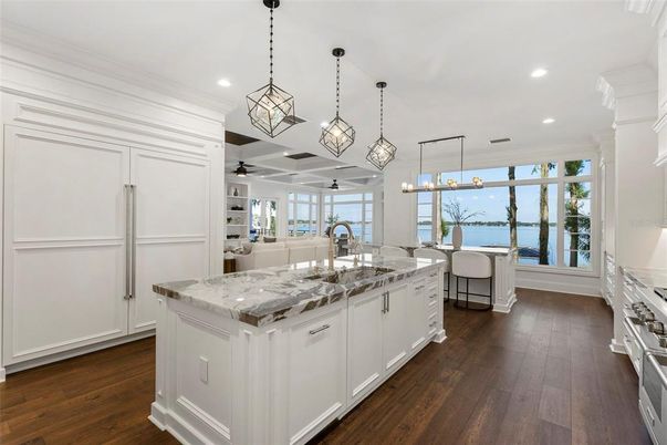Interior, Kitchen, Living room, Pendant Lights, Recessed Lighting, Stainless Steel Appliances, Water, Wood Texture Flooring