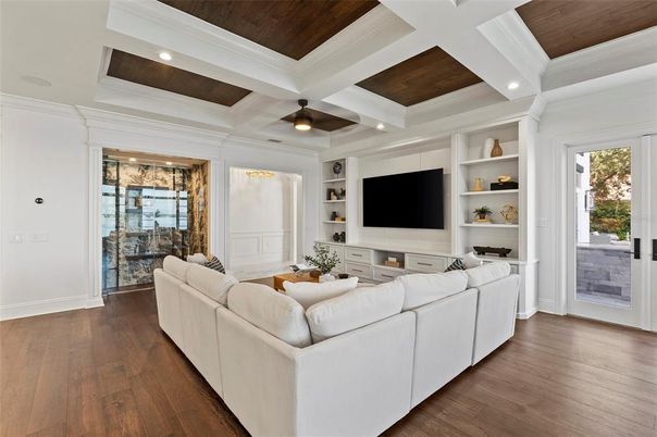 Interior, Living room, Recessed Lighting, Wooden Ceilings, Wood Texture Flooring