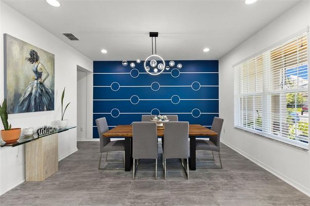 Dining room, Interior, Pendant Lights, Recessed Lighting, Wood Texture Flooring