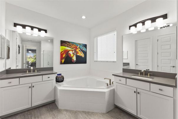Bathroom, Dual Sink Vanities, Interior, Recessed Lighting, Wood Texture Flooring