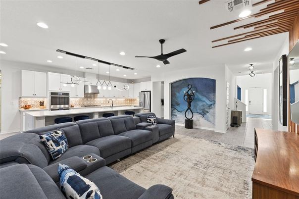 Interior, Kitchen, Living room, Pendant Lights, Recessed Lighting, Stainless Steel Appliances, Wood Texture Flooring
