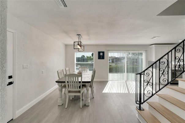 Dining room, Interior, Pendant Lights, Wood Texture Flooring
