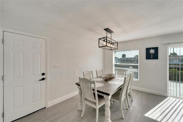 Dining room, Interior, Pendant Lights, Wood Texture Flooring