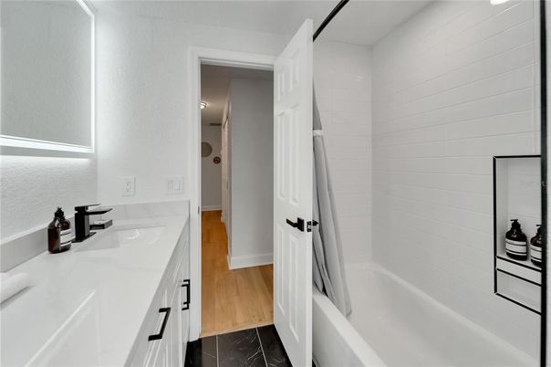 Bathroom, Dual Sink Vanities, Interior, Marble, Wood Texture Flooring