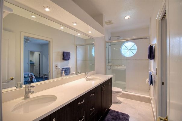 Bathroom, Dual Sink Vanities, Glass Shower, Interior, Recessed Lighting