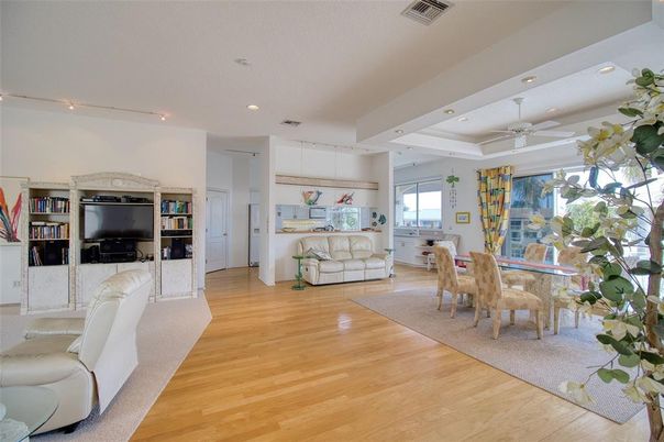 Dining room, Interior, Recessed Lighting, Wood Texture Flooring