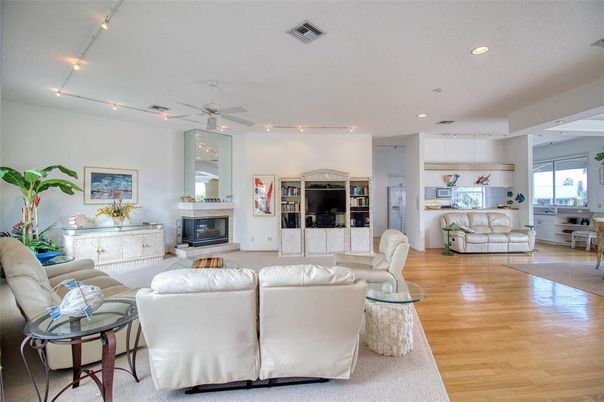 Fireplace, Interior, Living room, Recessed Lighting, Wood Texture Flooring
