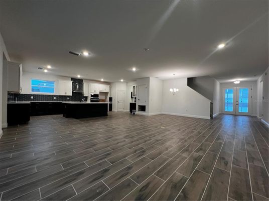 Empty room, Interior, Kitchen, Pendant Lights, Recessed Lighting, Wood Texture Flooring