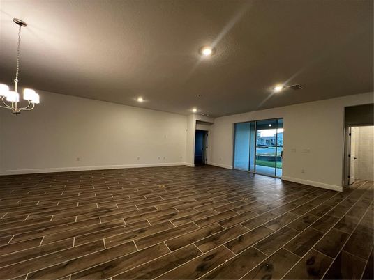 Empty room, Interior, Pendant Lights, Recessed Lighting, Wood Texture Flooring